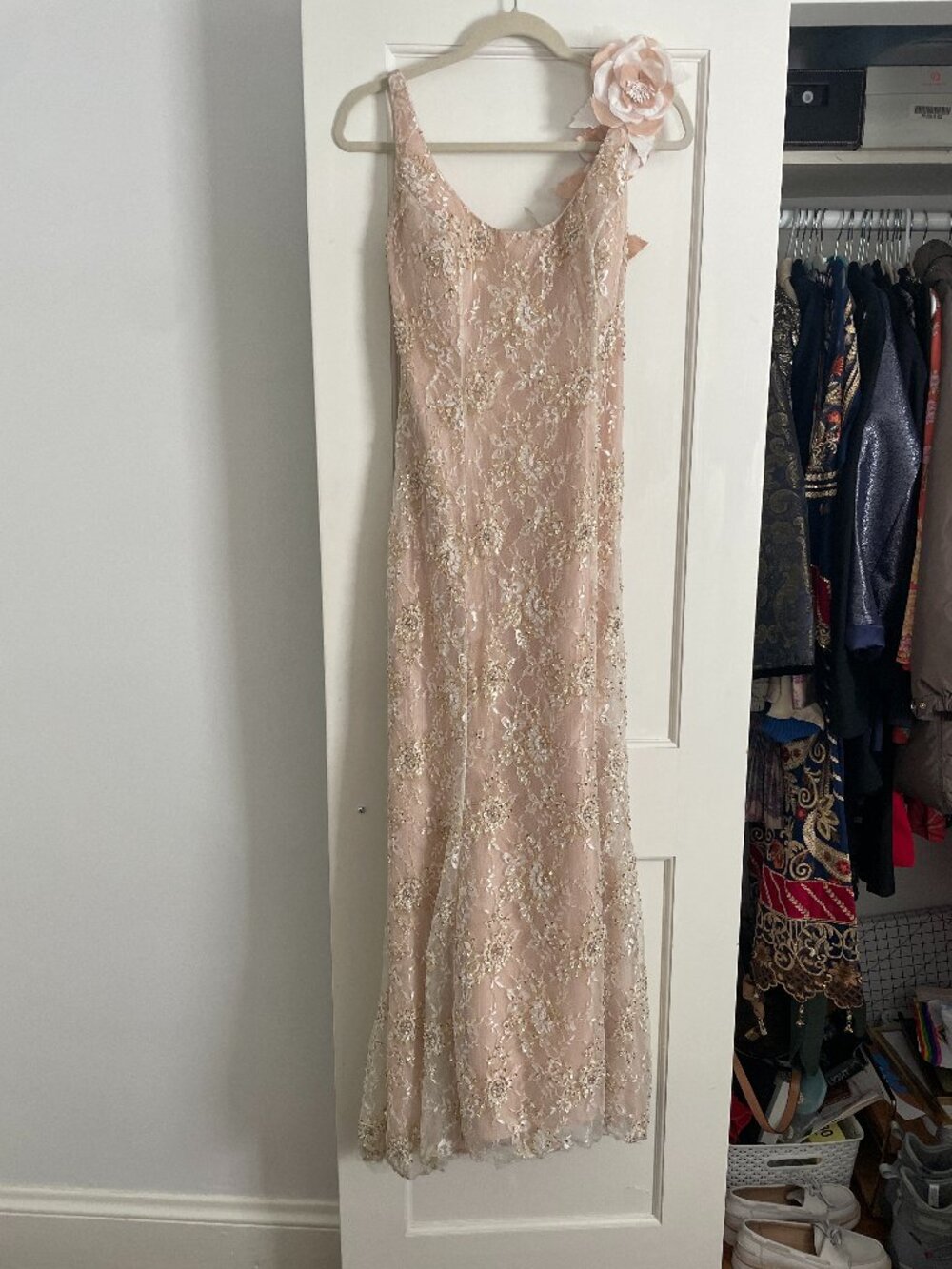 Jovani Blush Beaded Lace Floral Appliqué Gown Prom Wedding Dress - Champagne